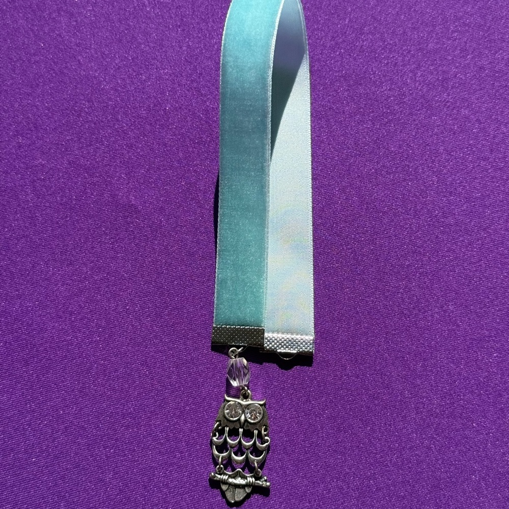 Blue Velvet Ribbon Bookmark with Silver Tone Rhinestone Eyed Owl Pendant
